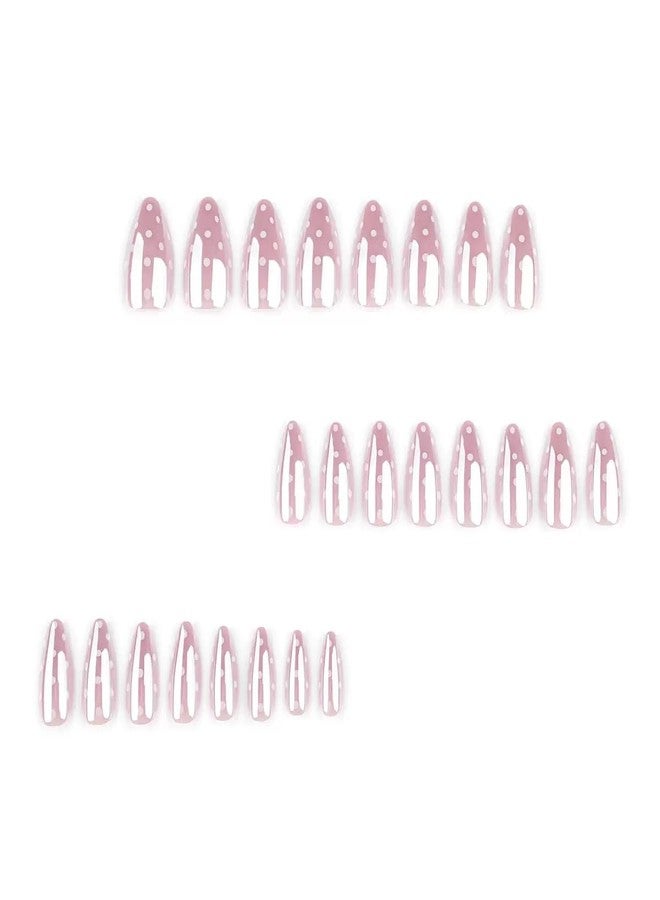 CTTHNBD Short Press on Nails Almond - Chrome Pink Fake Nails with Polka Dot Design - Glossy Full Cover Stick on False Nails for Women 24 Pcs - Image 2